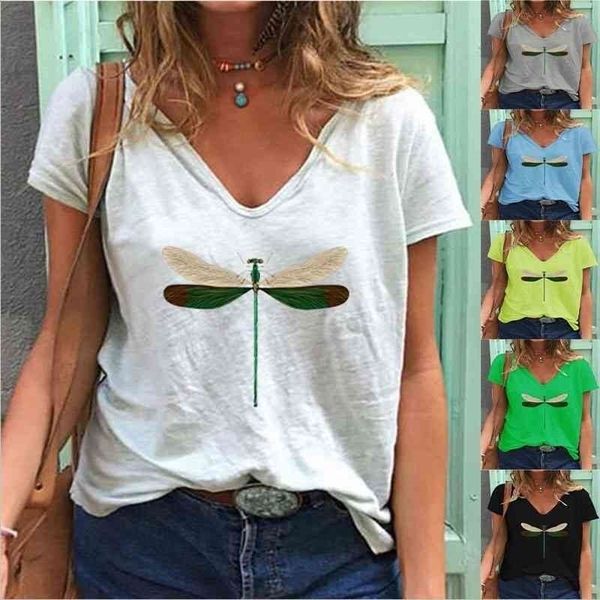

women's summer fashion printed dragonfly v neck t shirt female plus size loose short sleeve s-3x 210408, White