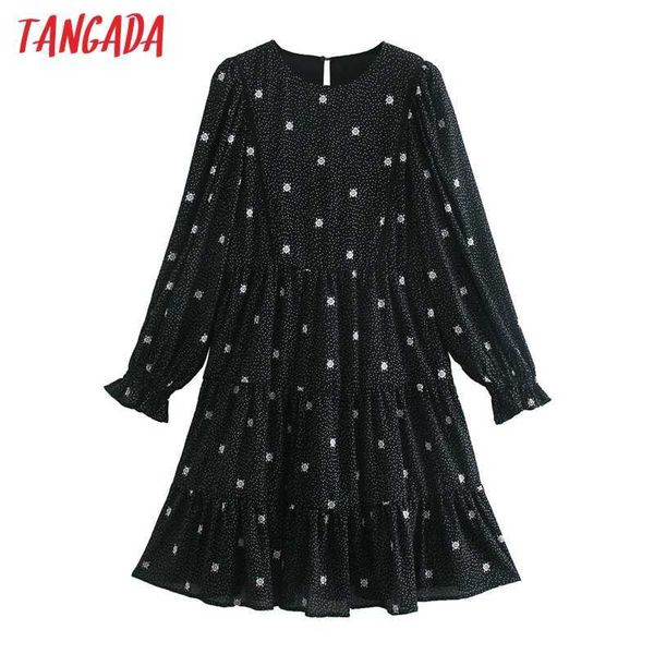 

tangada spring women dots flowers dress loose long sleeve ladies knee dress vestidos ce120 210609, Black;gray