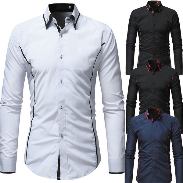 

Men's long double turn down collar single-breasted cardigan shirt combining thin tops, White;black