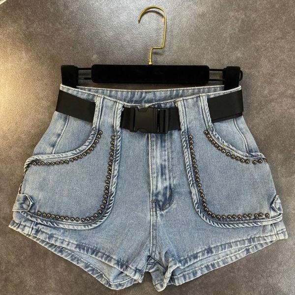 

women's jeans deat 2021 summer fashion high street straight rivet pockets sashes button solid denim shorts women sb565, Blue