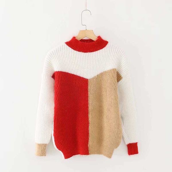 Возможно, у женщин свитер вязаный мохер пуловеры с длинным рукавом черные красные хаки лоскутное геометрическое стенд воротник M0092 210529