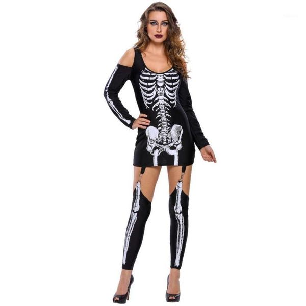 Off-ombro Esqueleto Traje Mulher 2021 Menina Elegante Punk X-Rayed Halloween A89025 Cosplay Womens Trajes Carnaval Festa Dress