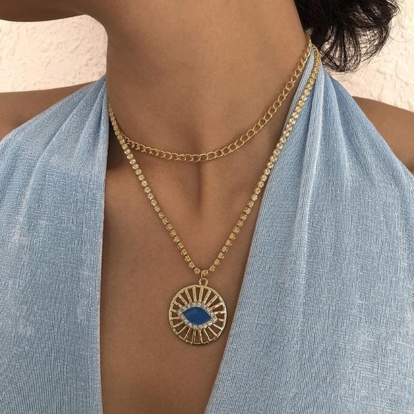 

chains trendy enamel crystal hollow blue evil eye pendant necklace for women multilayer gold rhinestone chain choker necklaces jewelry, Silver