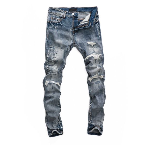 

men's blue stretch jeans, tight, embroidered letters, hip-hop style, novel