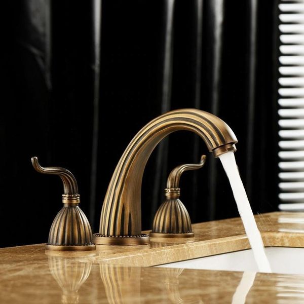 

antique brass classical bathroom sink faucet three hole two handle copper basin mixer tap artistic faucets
