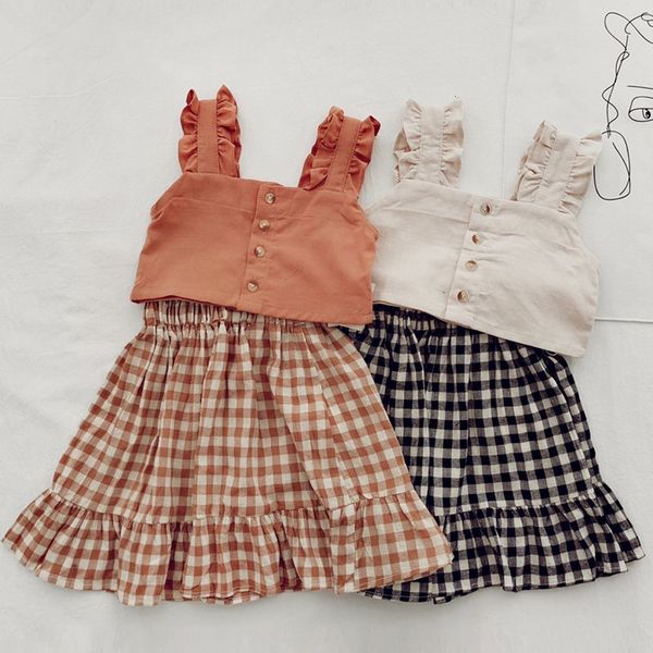 

clothing sets fashion summer girls clothes set straped ruffle croped +plaided high waist skirts 2pcs kids children baby outfits s10799 c0225, White