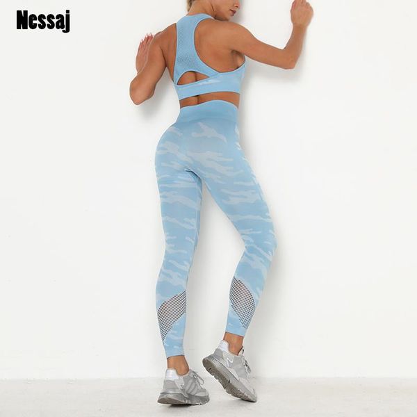 

nessaj energy seamless camouflage sets fitness gym sports suits workout clothes for women bra+sport leggings outfit two piece dress, White