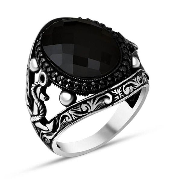 

men silver ring with big black zircon stone and anchor motif modern gifts made in turkey solid 925 sterling cluster rings, Golden;silver