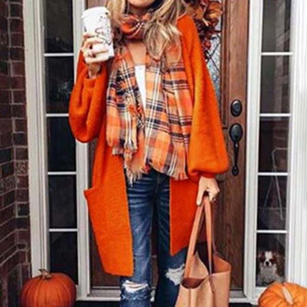 

women's knits & tees full sleeve knitwear ladies casual coats loose solid female v-neck cardigan coat women knitting orange sweater, White