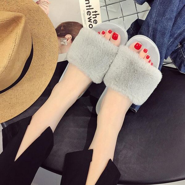 

indoor fur slippers nice warm platform shoes woman slip on soft flats casual floor slipper women home, Black