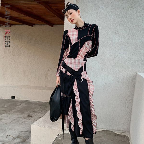 

plaid patchwork ruched asymmetric skirts knee-length adjustable button women black skirt 2a1831 210507