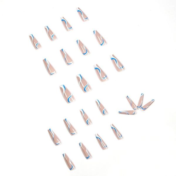 

false nails fake long wavy lines blue and white nail stickers finished 24 with glue mh88, Red;gold