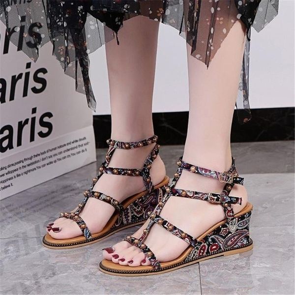 

sandals wedges buckle strap high heel rivet classic summer casual 2021 fashion woman comfy shoes large size 42, Black