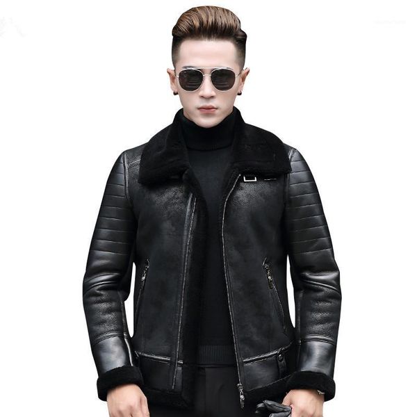 

men's leather & faux genuine pilot jacket sheepskin coat for men natural wool fur motorcycle chaqueta cuero hombre 8726 kj826, Black