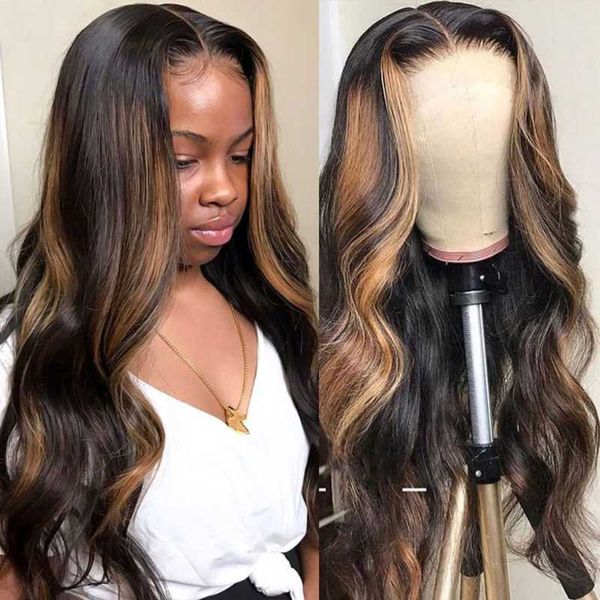 

lace wigs wingirl 4/30 highlight body wave front human hair 150% brazilian frontal wig 13x4 pre-plucked with baby, Black;brown
