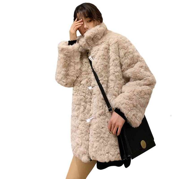 

women's wool & blends autumn winter lamb fur coat ladies long sleeve horn button imitation rex rabbit furry jacket women fashion o, Black