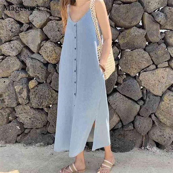 Kore Düğmesi Gevşek Sling Denim Elbise Kadın Katı Artı Boyutu Backless Yaz Es Seksi Bölünmüş Pamuk Kadın Vestido 14077 210512