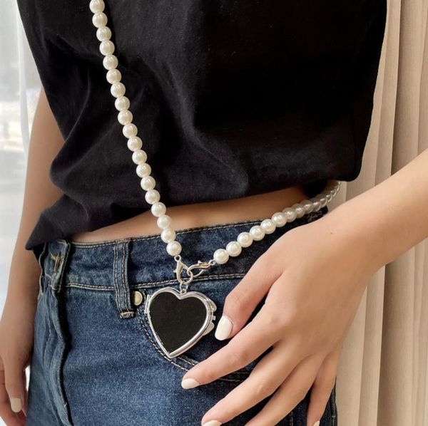 

shoulder bags 2021 super ins pearl chain mini crossbody bag fashion metal heart mirror pendant decoration waist accessories