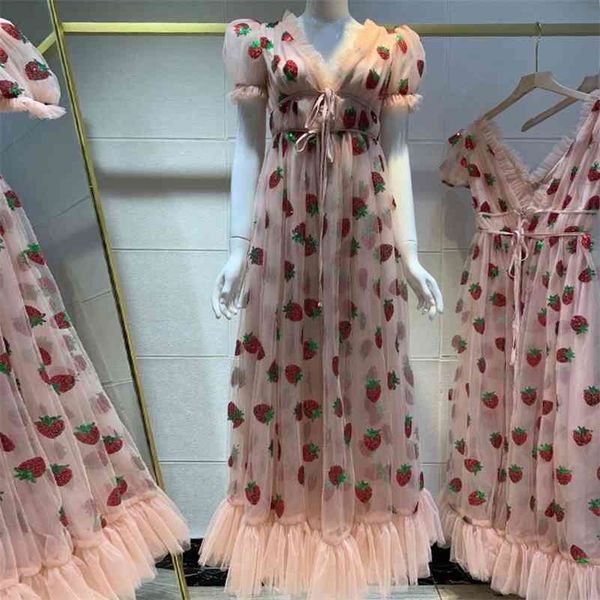 Abiti lunghi moda per le donne Elegante festa nuziale Rosa Maxi abito estivo fragola Paillettes Mesh Lolita Tunica a vita alta 210402