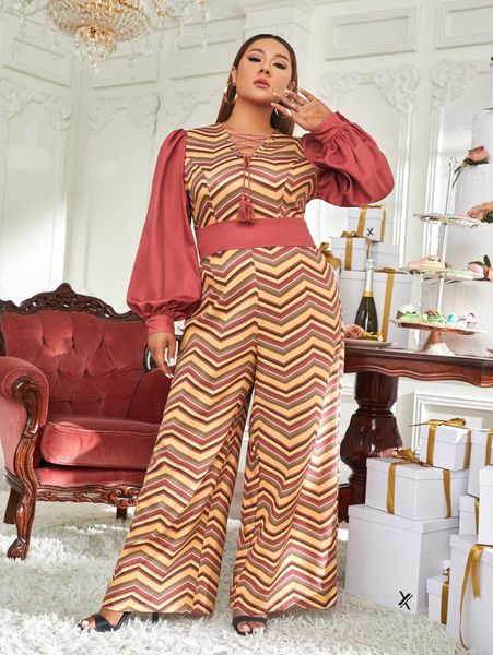 

x distinctly deneen plus lace up neck chevron print jumpsuit k2tt#, Black