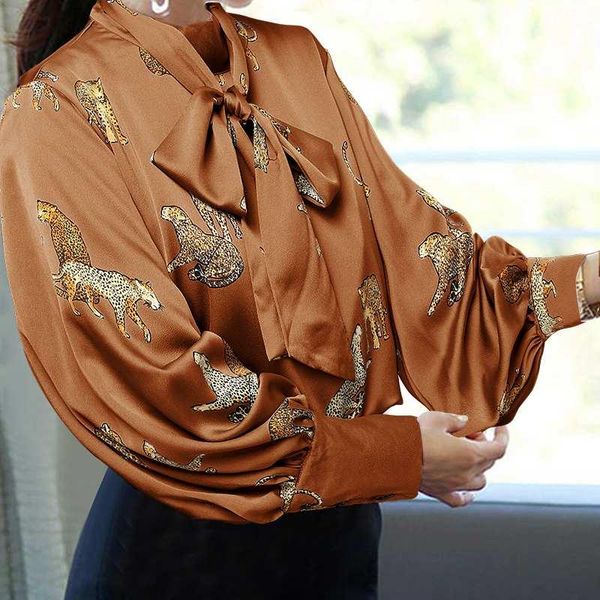 

celmia 2021 fashion blouses elegant bow tie women shirts autumn lantern sleeve high collar tiger print office casual blusas women's &, White