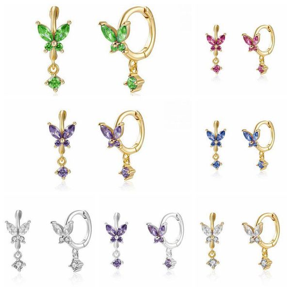 

hoop & huggie 925 sterling silver butterfly crystal round pendant earrings for women exquisite fashion females jewelry, Golden;silver