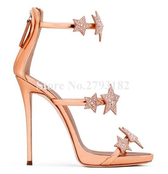 

brand design women fashion 3 straps bling pentagram rhinestone sandals silver rose gold crystal flat high heel, Black