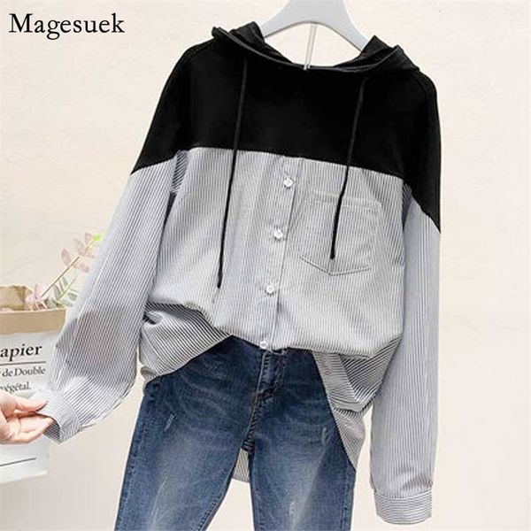 

autumn plus size striped stitching shirts women korean drawstring hooded loose blouse casual ladies blusas 11943 210512, White