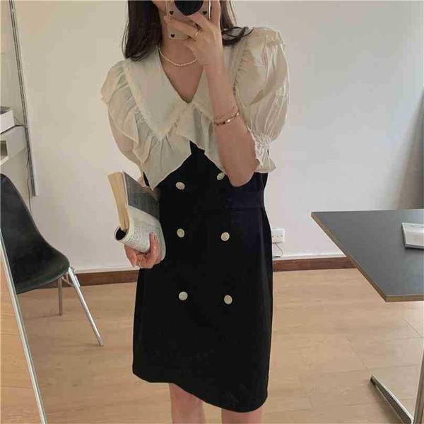 

patchwork puff sleeves ruffles gentle lady elegant femme ol girls mini dresses summer vintage vestidos 210525, Black;gray