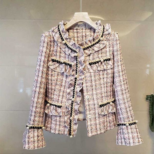 Outono Inverno Ruffles Pearl Tweed Jackets Flare Manga Cor-de-rosa Recortado Jacktes Mulheres Retalhos Vintage Coberto Botões Luxury Revest 210529