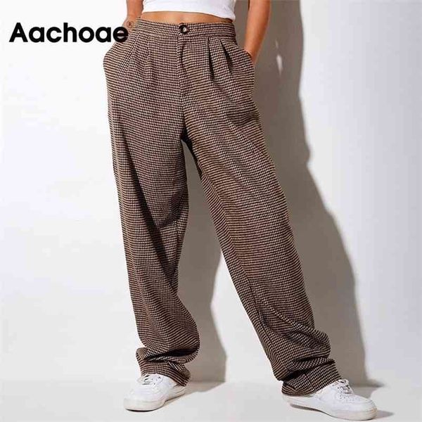 Aachoee Elegante Comprimento Completo Pant Manta Plissada Loose Senhora Harem Calças Casuais Houndstooth Lã Calças Longas Pantalon 210721