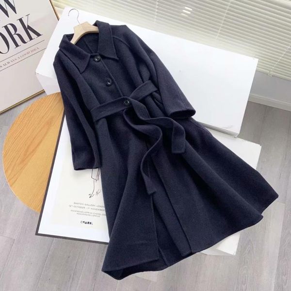 

women's wool & blends han edition is installed in the fall and winter of 2021 lapel long sleeve single-breasted belt cloth coat female, Black