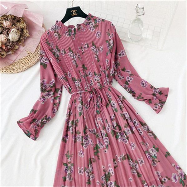 

casual dresses 2021 spring autumn women vintage printed dress long sleeve o-neck chiffon korean elastic waist a-line 86, Black;gray