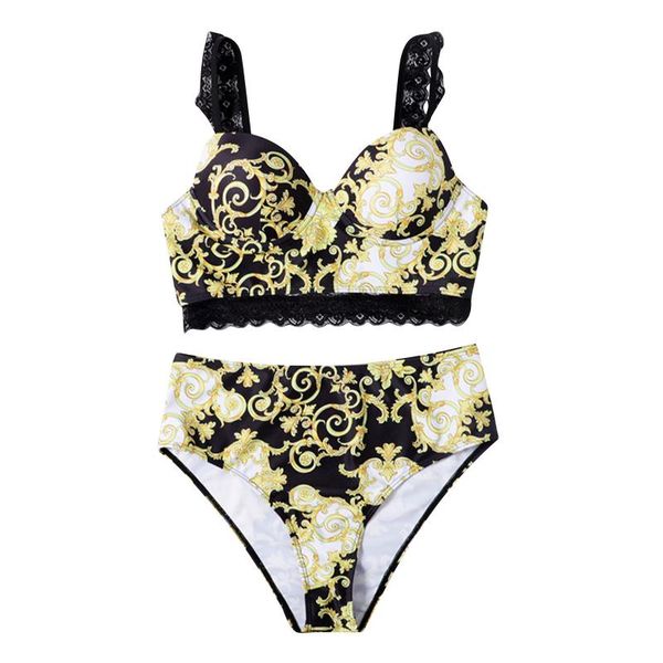 

women's swimwear bikini floral ruffled set women v-neck high waist two piece swimsuit beach bathing suit biquinis, White;black