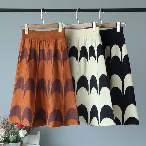 

skirts mooirue vintage women casual midi winter high waist kintting bottoms moon printed elegant a line, Black