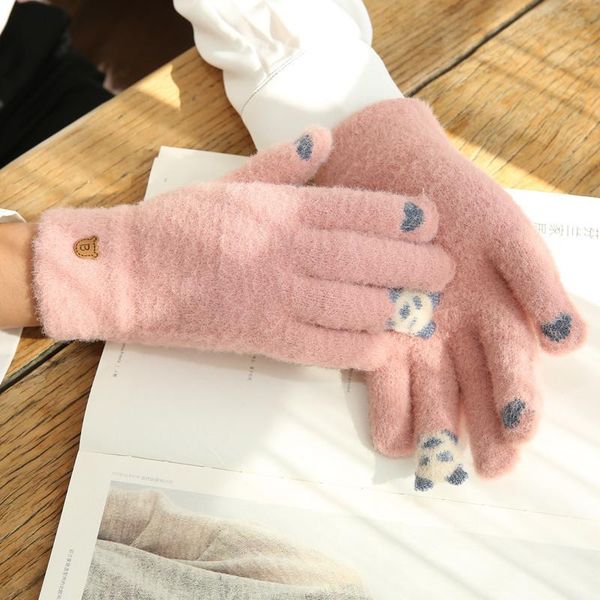 

five fingers gloves panda head printing knitted for women mobile phone touch screen winter warm thick cold and mitten, Blue;gray