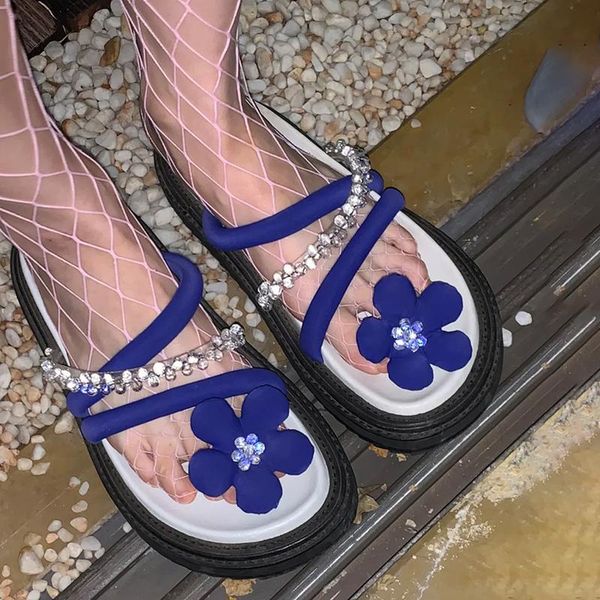 

rimocy 2021 flowers clip toe platform slippers women fashion crystal flat beach slides woman outside cross strap flip flops, Black