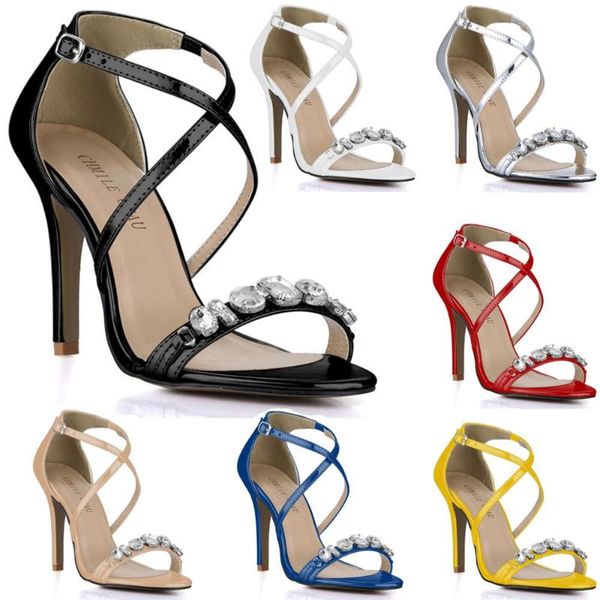 

patent bridals party women shoe stiletto high heel ankle strap rhinestone crystal sandal zapatos mujer 5186-16b sandals, Black