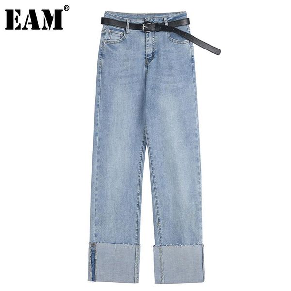 

[eam] fold burrs straight blue denim high waist trousers loose fit pants women fashion tide spring autumn 2021 1dd4791 women's & capris, Black;white