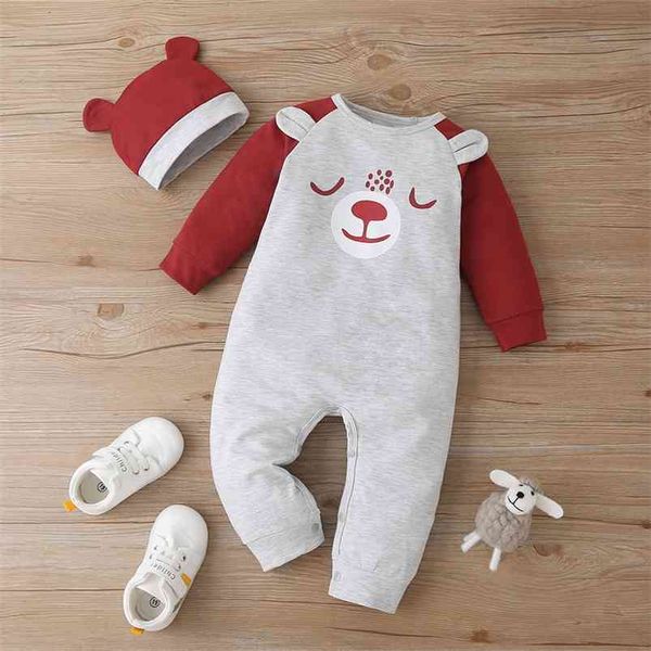 

winter style infant born baby romper long sleeve print cartoon bear with hat cute jumpsuits babys clothes outfits 0-24m 210629, Blue