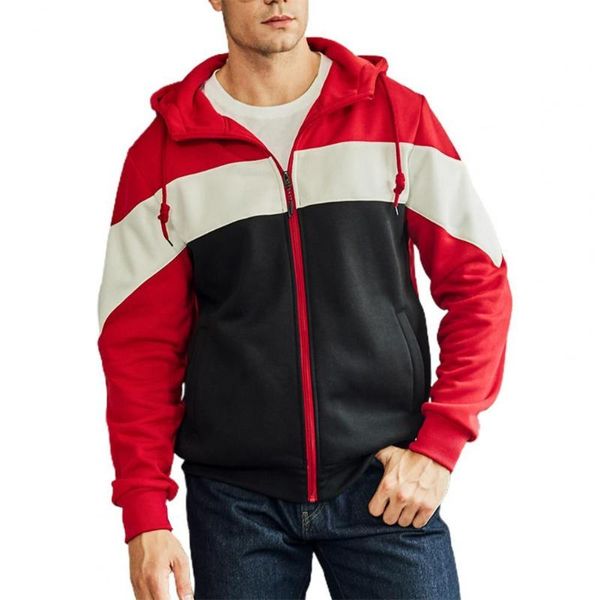 

men's hoodies & sweatshirts men autumn coat hoodie color block zipper long sleeve patchwork hooded all match drawstring pockets sweatsh, Black