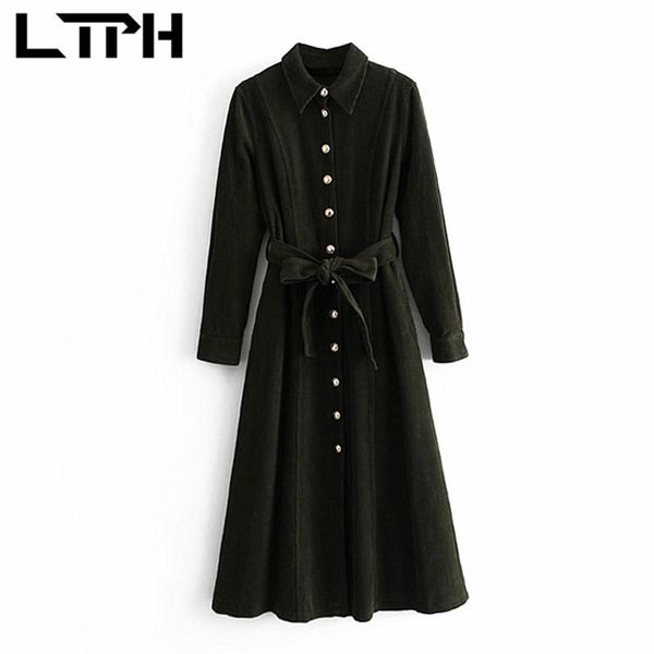 

casual dresses ltph vintage corduroy long women dress single breasted elegant bow sashes slim solid color 2021 autumn winter, Black;gray