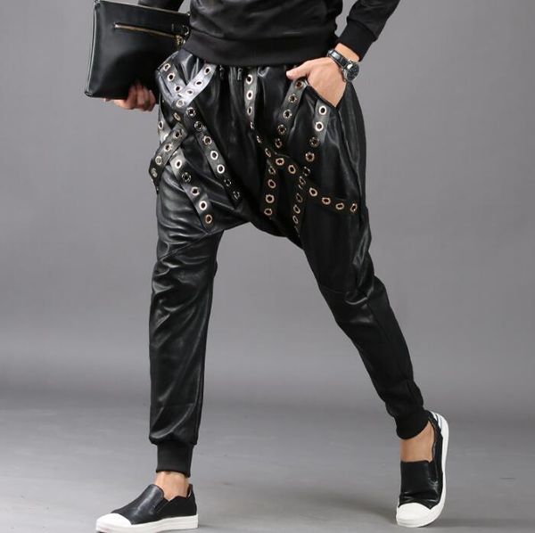 

winter punk personality motorcycle mens leather pants harem pant men feet trousers pantalones hombre cargo pantalon homme black men's