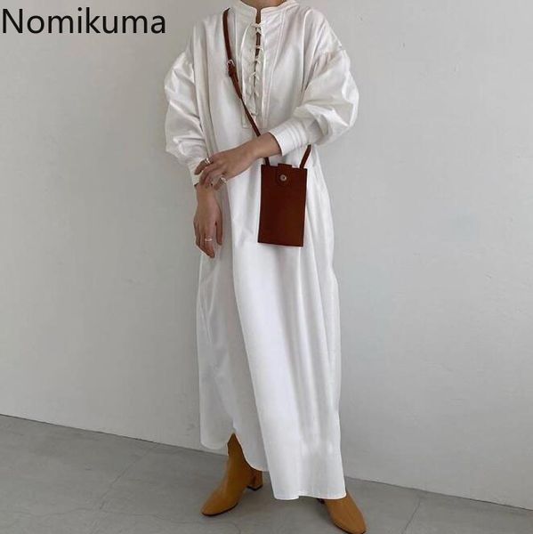 

nomikuma autumn women dress korean single breasted causal straight dresses fashion cross bandage new vestidos femme 6d508 210427, Black;gray