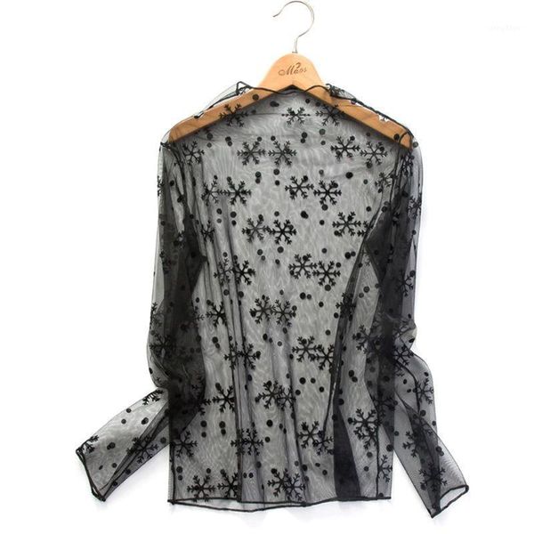 

women's blouses & shirts womens basic see through mesh hollow out lace snowflake stripes glitter pullover mock neck slim long sleeve b, White