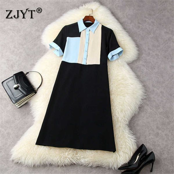 

summer runway fashion color block loose waist shirt dresses women short sleeve robe casual aline vestidos 210601, Black;gray
