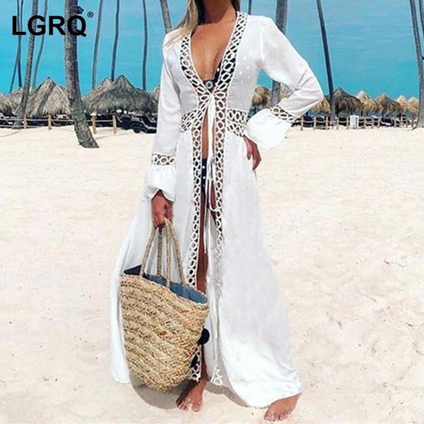 

casual dresses [lgrq] women white lace sandy beach vacation sun protection dress v-neck fit fashion tide spring summer 2021 19d2542, Black;gray