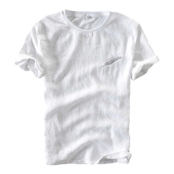 Feder-Grafik-T-Shirts für Männer, kurzärmelig, Baumwolle, Leinen, weißes T-Shirt, lose lässige männliche Kleidung 210601