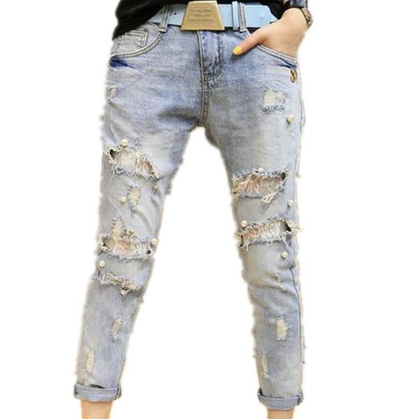

lace beading hole harem women jean pants skinny pencil, Blue