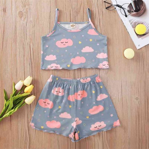 

summer style children sets strap o neck print cartoon cloud shorts cute 2pcs streetwear girl clothes 1-8t 210629, White